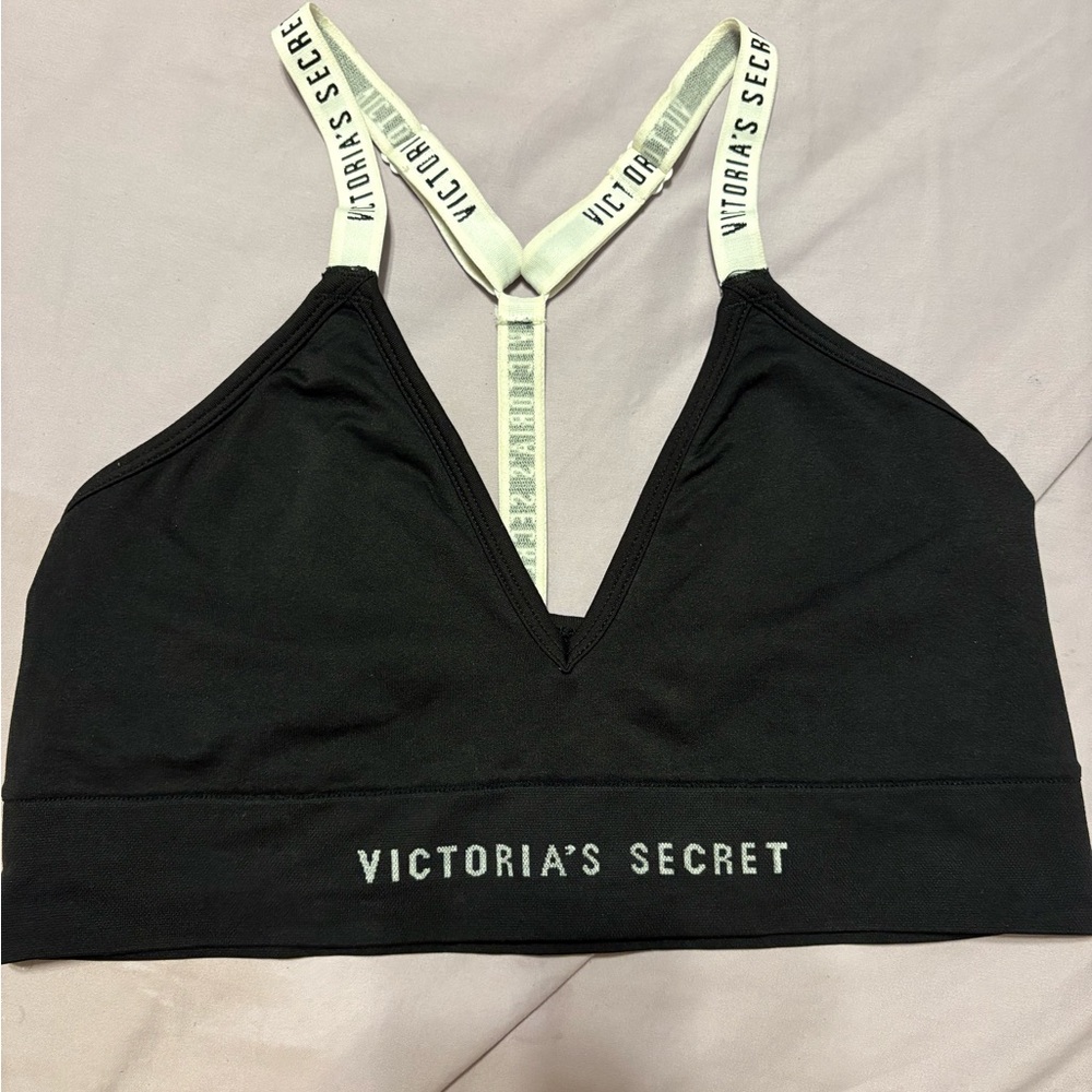 Victoria’s Secret Black Bralette Logo Adjustable White Straps Sz L